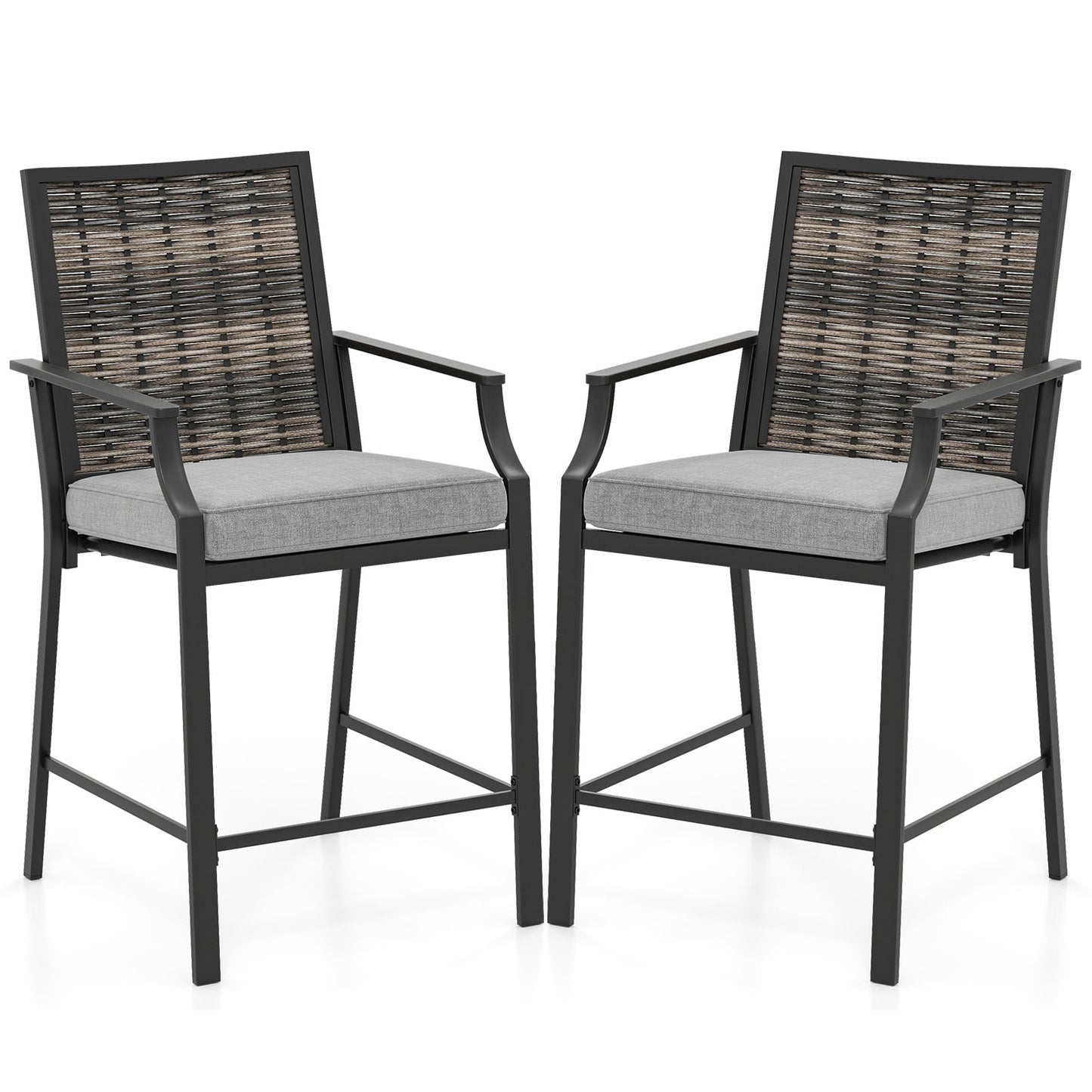 Patio Bar Stools Set of 2 Counter Height Rattan Bar Chairs with Armrest-Grey