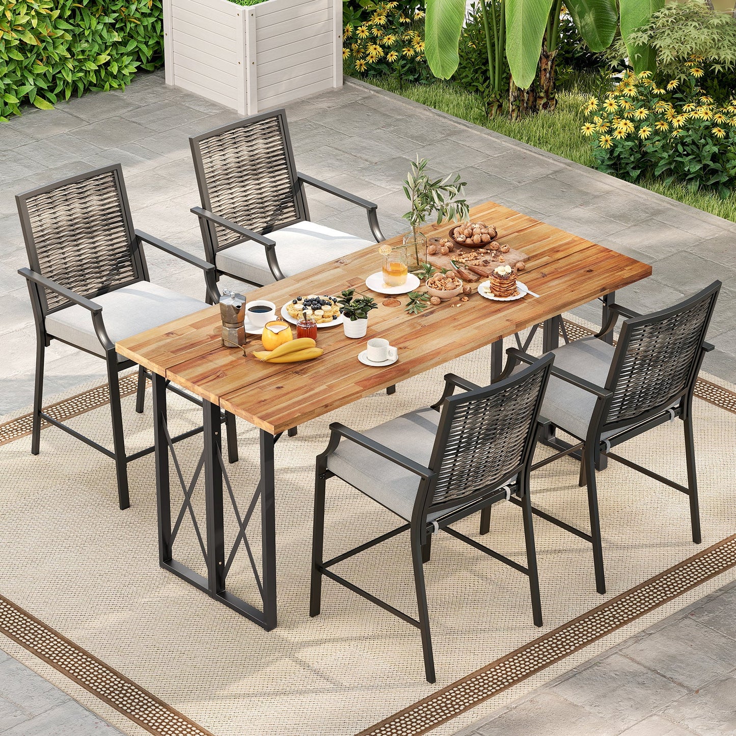 Patio Bar Stools Set of 2 Counter Height Rattan Bar Chairs with Armrest-Grey