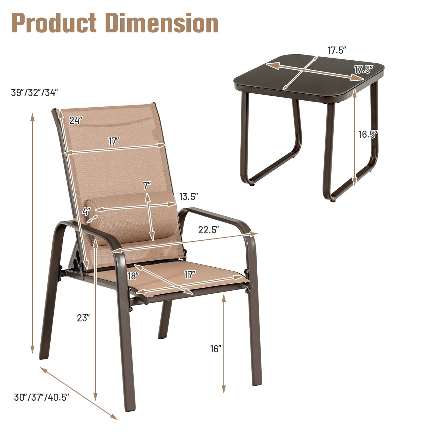 Juego de muebles de bistró para patio de 3 piezas con respaldo ajustable - Negro