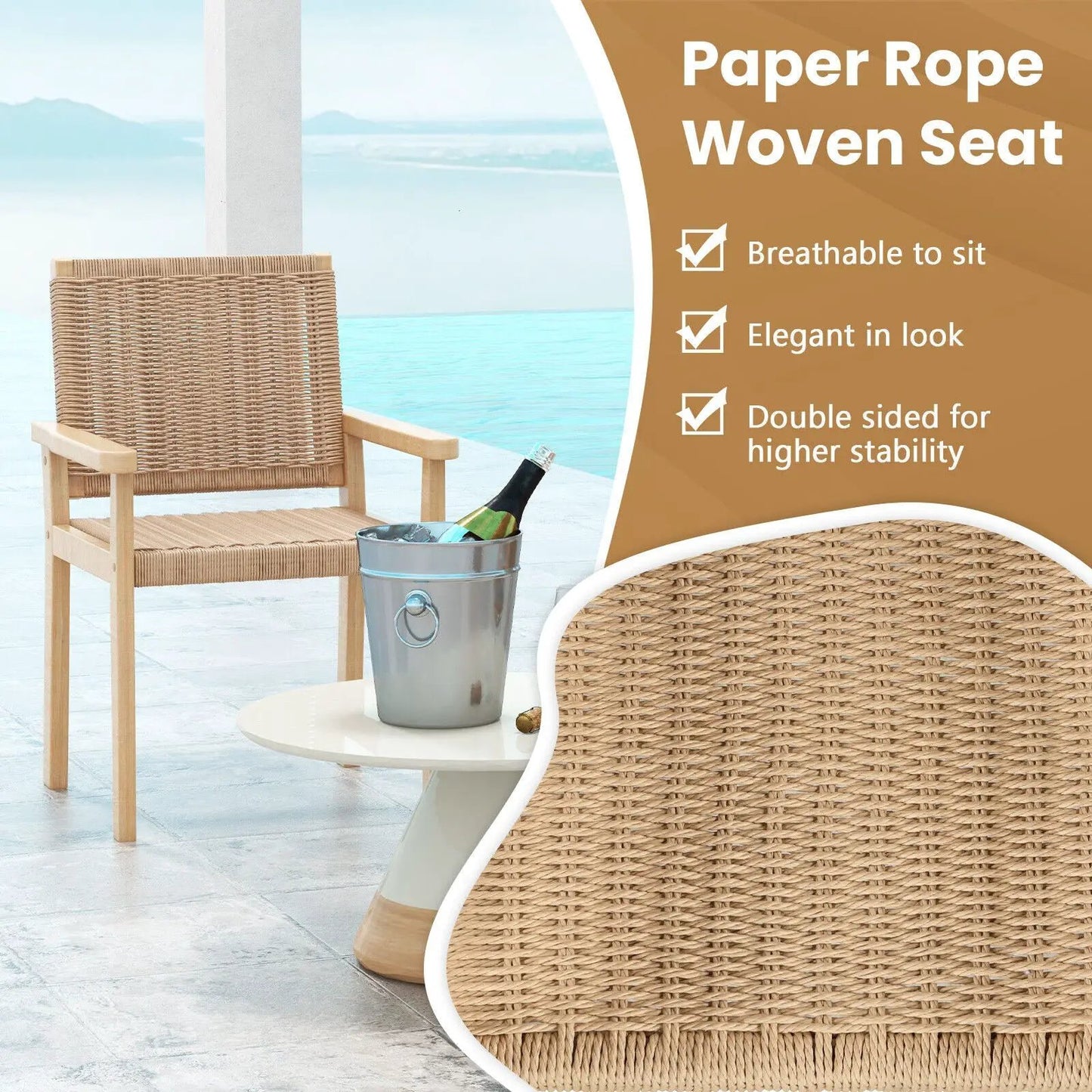 Wood Dining Chairs Set of 2 With Woven Rope Seat