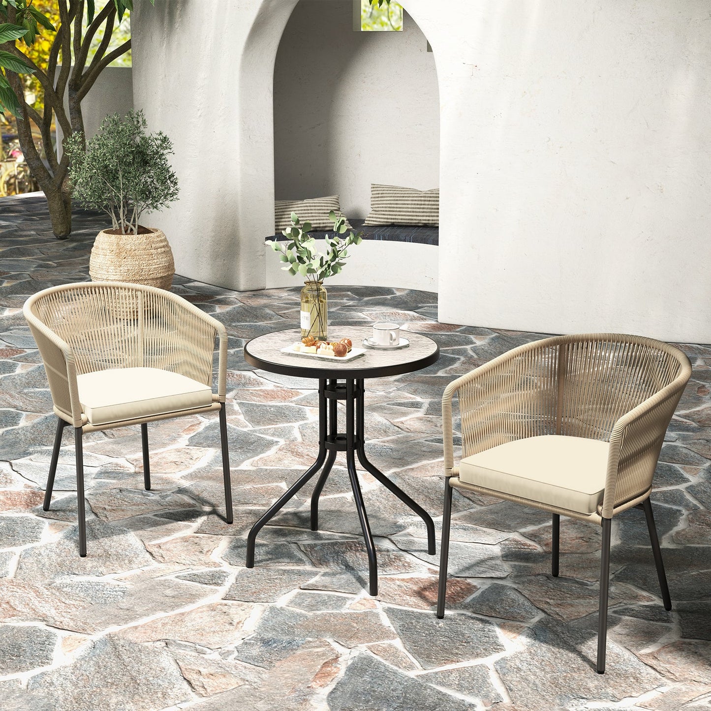 Juego de 4 sillas de patio con respaldo curvado y cojín de asiento para patio
