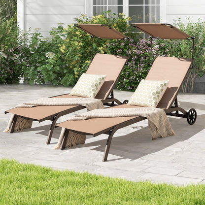 Tumbona reclinable de jardín resistente con dosel, portavasos y ruedas - Marrón