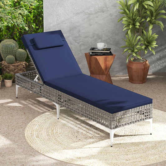 Patio Chaise Lounge Chair with 6-Level Adjustable Backrest and Headrest for Poolside-Navy - Tampa Home & Garden Store