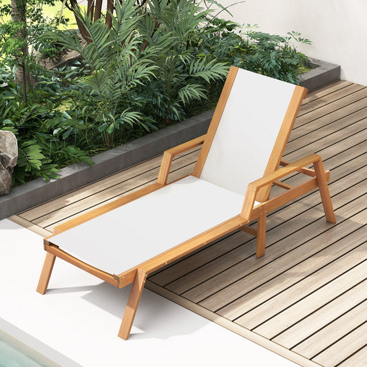 Patio Chaise Lounge Chair with Armrests and Fabric Seat for Backyard-White - Tampa Home & Garden Store