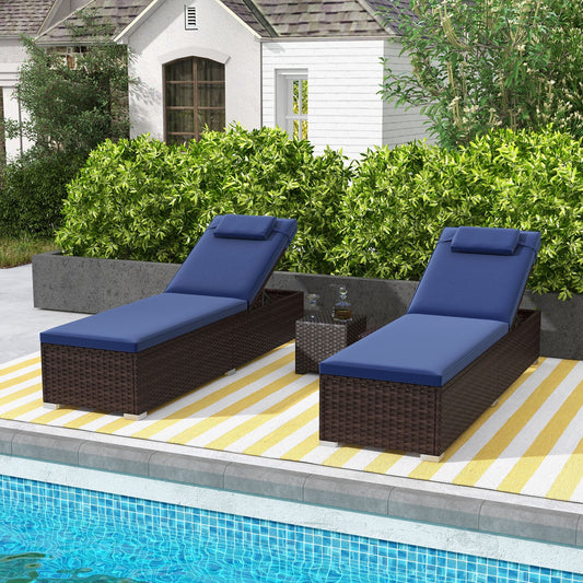 Patio Chaise Lounge Set of 2 with Backrest Seat Cushion and Headrest-Navy - Tampa Home & Garden Store