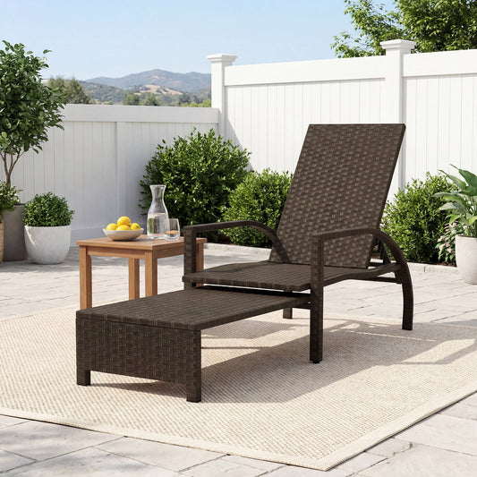 Patio Chaise Lounge Outdoor Rattan Lounge Chair with Retractable Ottoman - Tampa Home & Garden Store