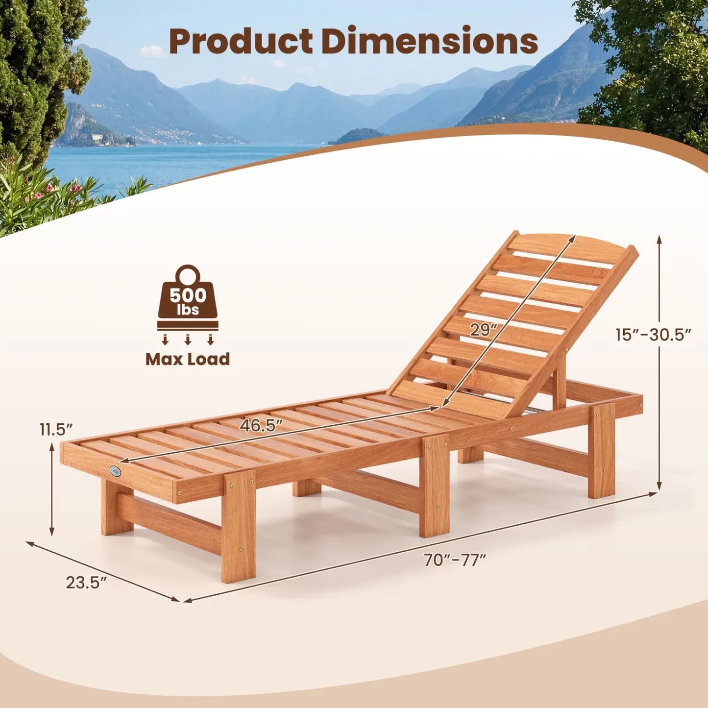 Solid Wood Chaise Lounge with Adjustable Backrest