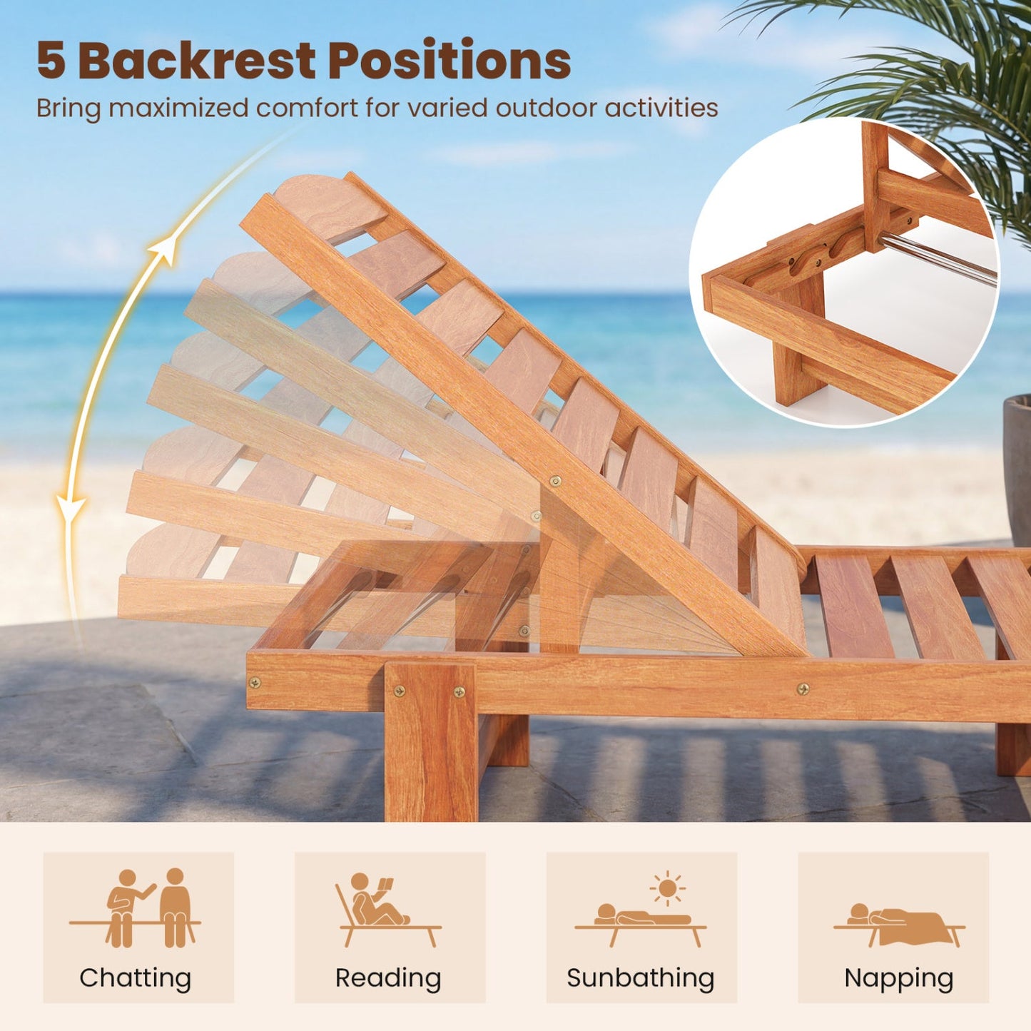Solid Wood Chaise Lounge with Adjustable Backrest