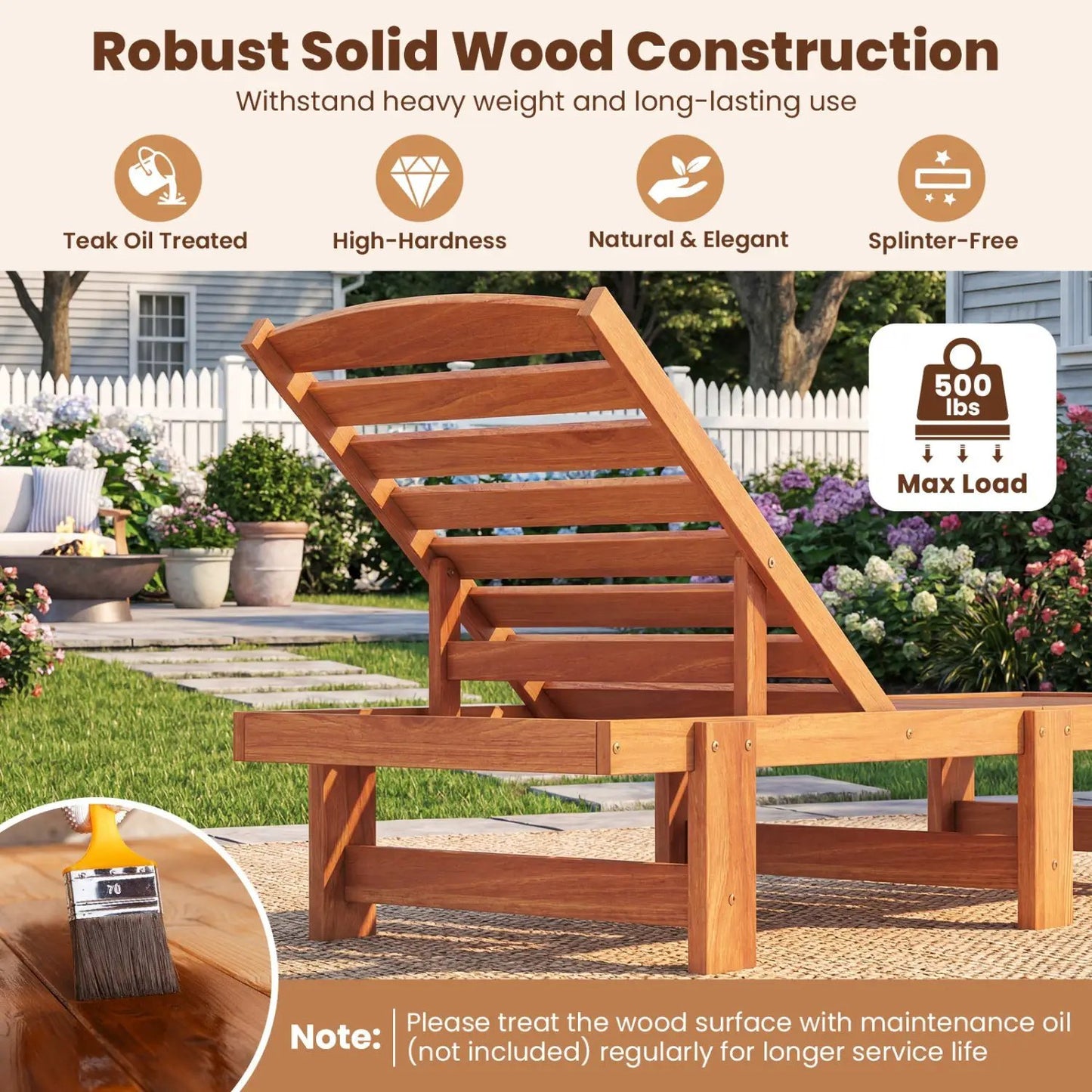 Solid Wood Chaise Lounge with Adjustable Backrest
