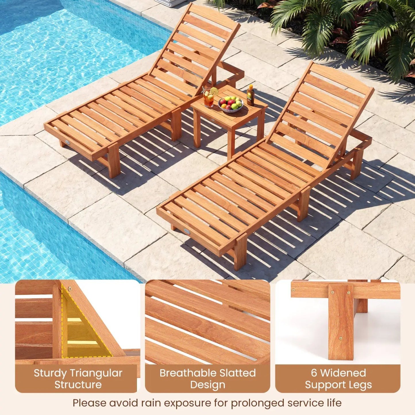 Solid Wood Chaise Lounge with Adjustable Backrest