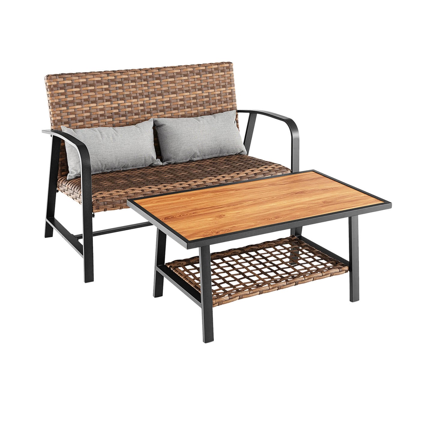 Juego de mesa de centro de ratán para patio de 2 piezas con estante y cojín de secado rápido