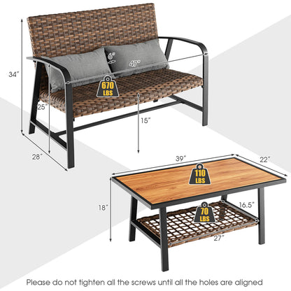 Juego de mesa de centro de ratán para patio de 2 piezas con estante y cojín de secado rápido