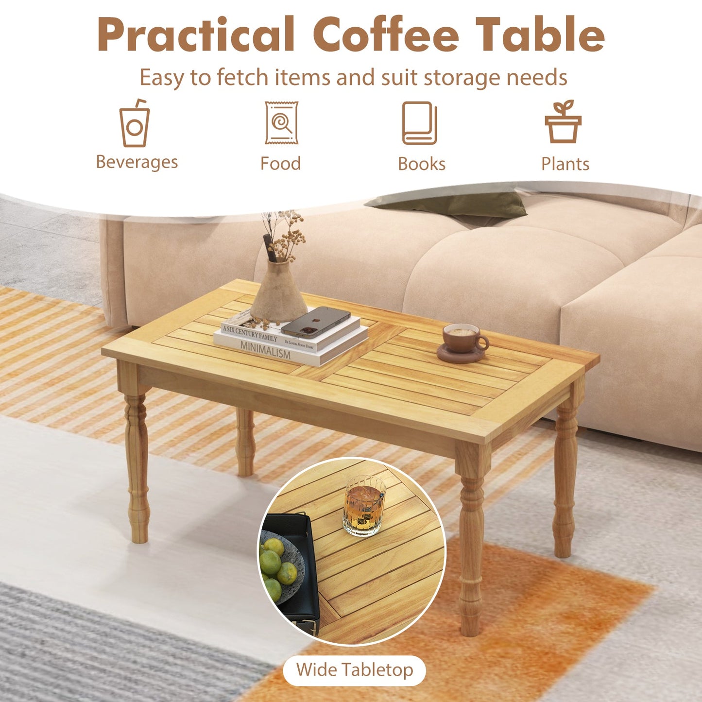 Mesa de centro para patio con estructura de madera de teca maciza y tablero de listones