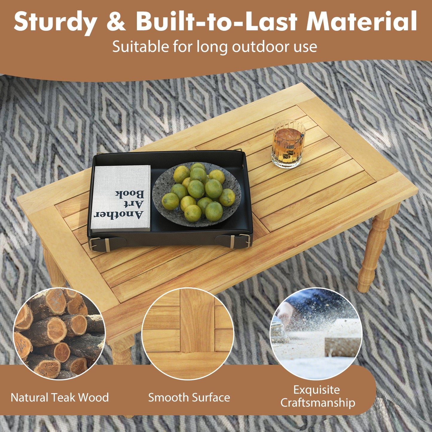 Mesa de centro para patio con estructura de madera de teca maciza y tablero de listones