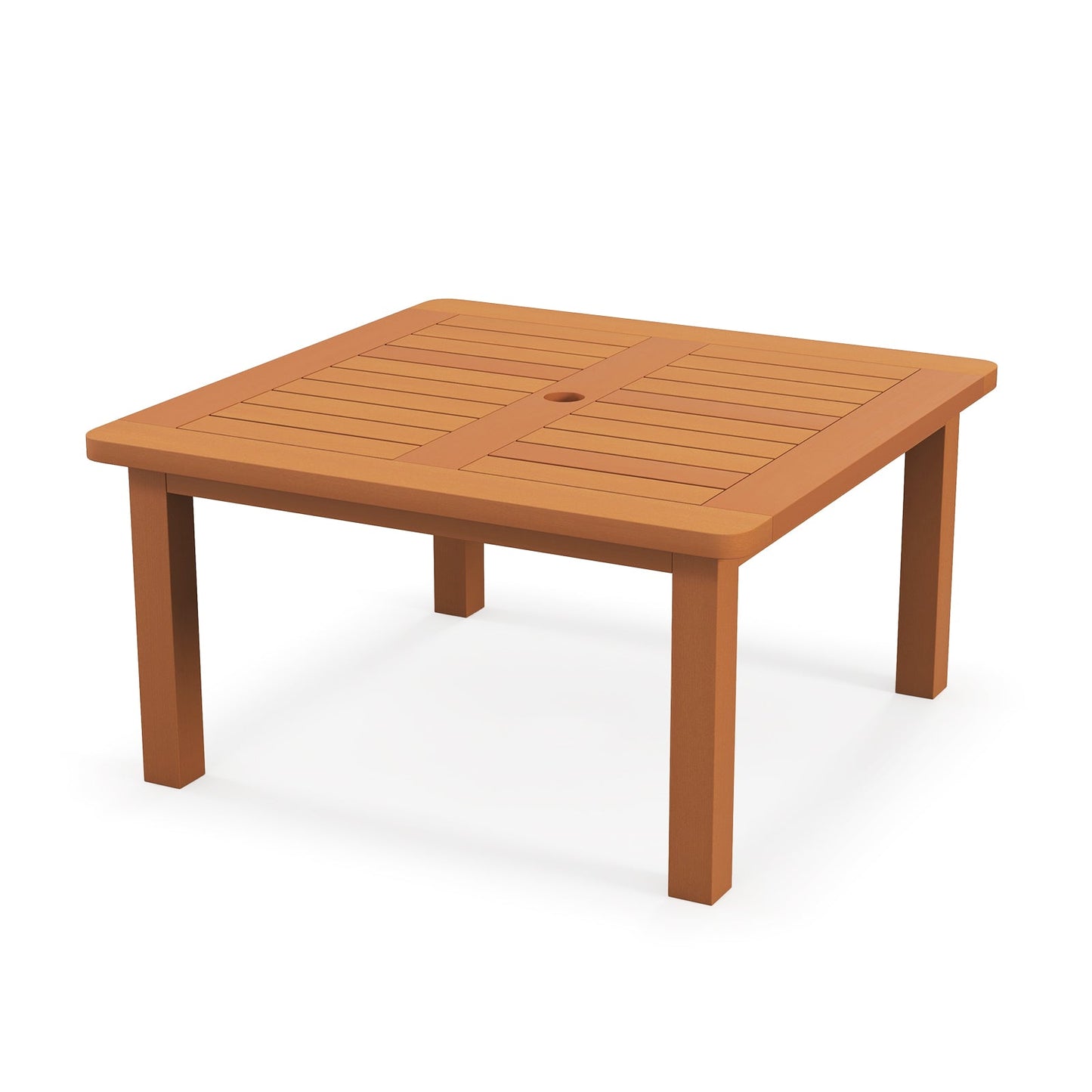 Mesa de centro para patio con orificio para sombrilla y acabado de aceite de teca