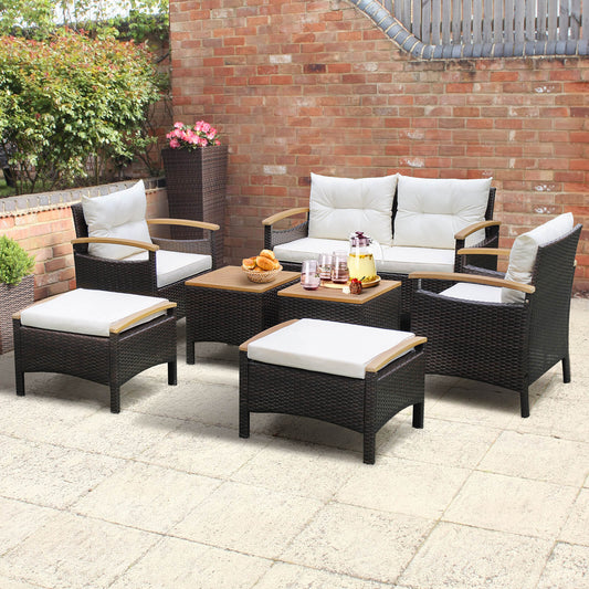 7 Piece Rattan Patio Sofa Set with Acacia Wood Tabletop and Armrests - Tampa Home & Garden Store