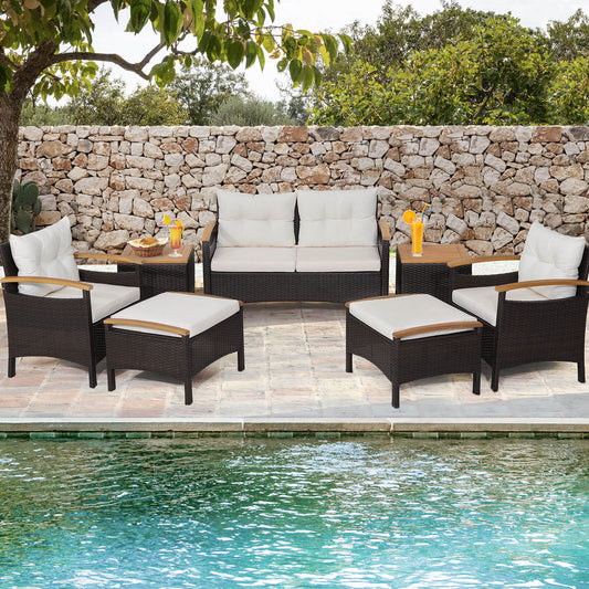 7 Piece Rattan Patio Sofa Set with Acacia Wood Tabletop and Armrests - Tampa Home & Garden Store