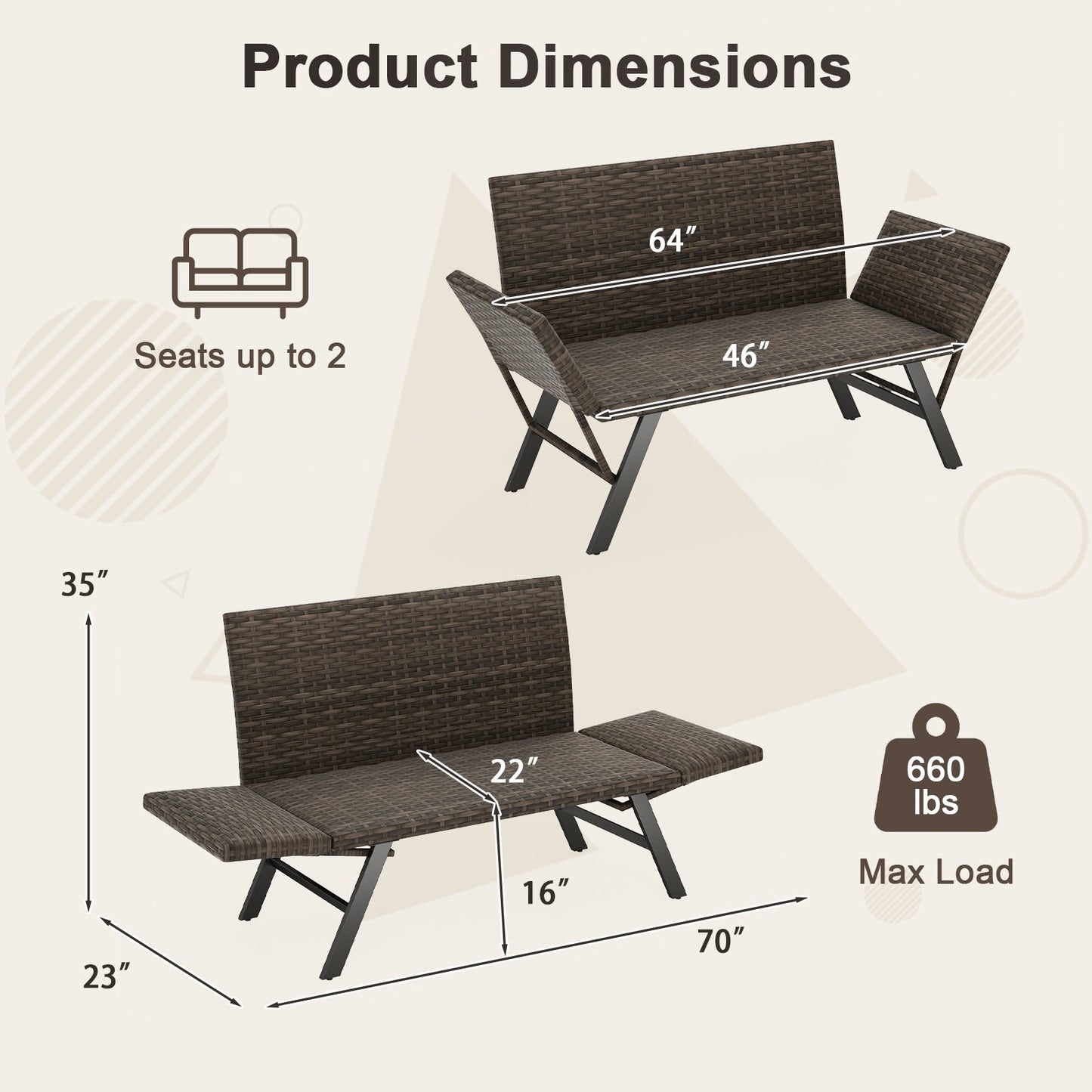 Patio Convertible Sofa for 2 Quick Dry Foam Padded Rattan with Armrests-Gray