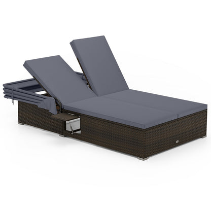 Patio Double Chaise Lounge with Shade Cushions and Folding Side Trays