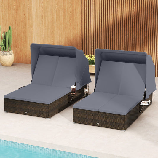 Patio Double Chaise Lounge with Shade Cushions and Folding Side Trays - Tampa Home & Garden Store