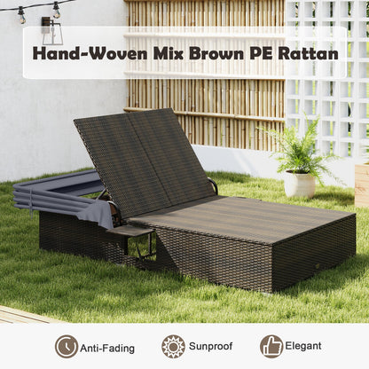 Patio Double Chaise Lounge with Shade Cushions and Folding Side Trays