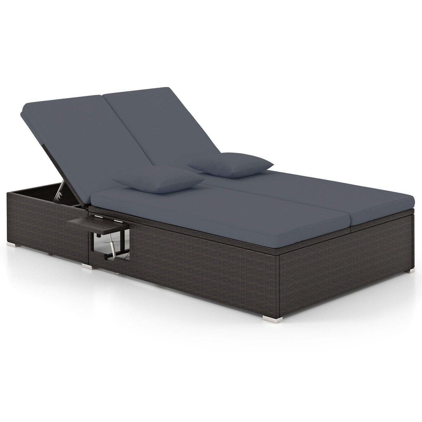 Patio Double Chaise Lounge with Cushions and Folding Side Trays-Beige