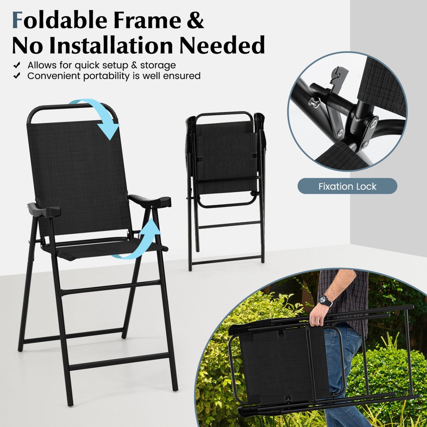 DirectDeals folding patio bar stool set of 2 with footrests, black metal frames and woven seats on Tampa Home & Garden Store