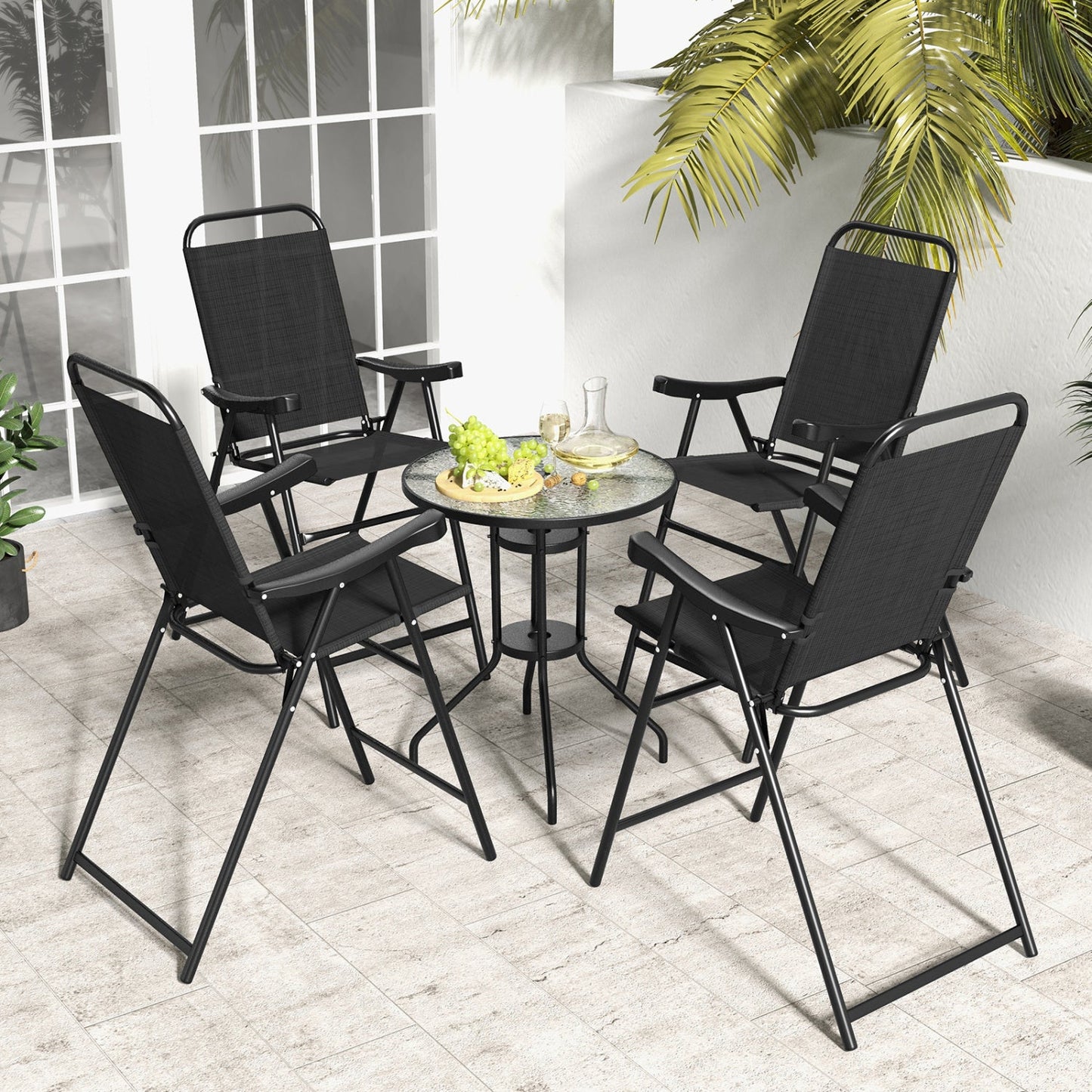 Folding patio bar stools set of 4 with black metal frame and footrests, dark mesh seats on Tampa Home & Garden Store