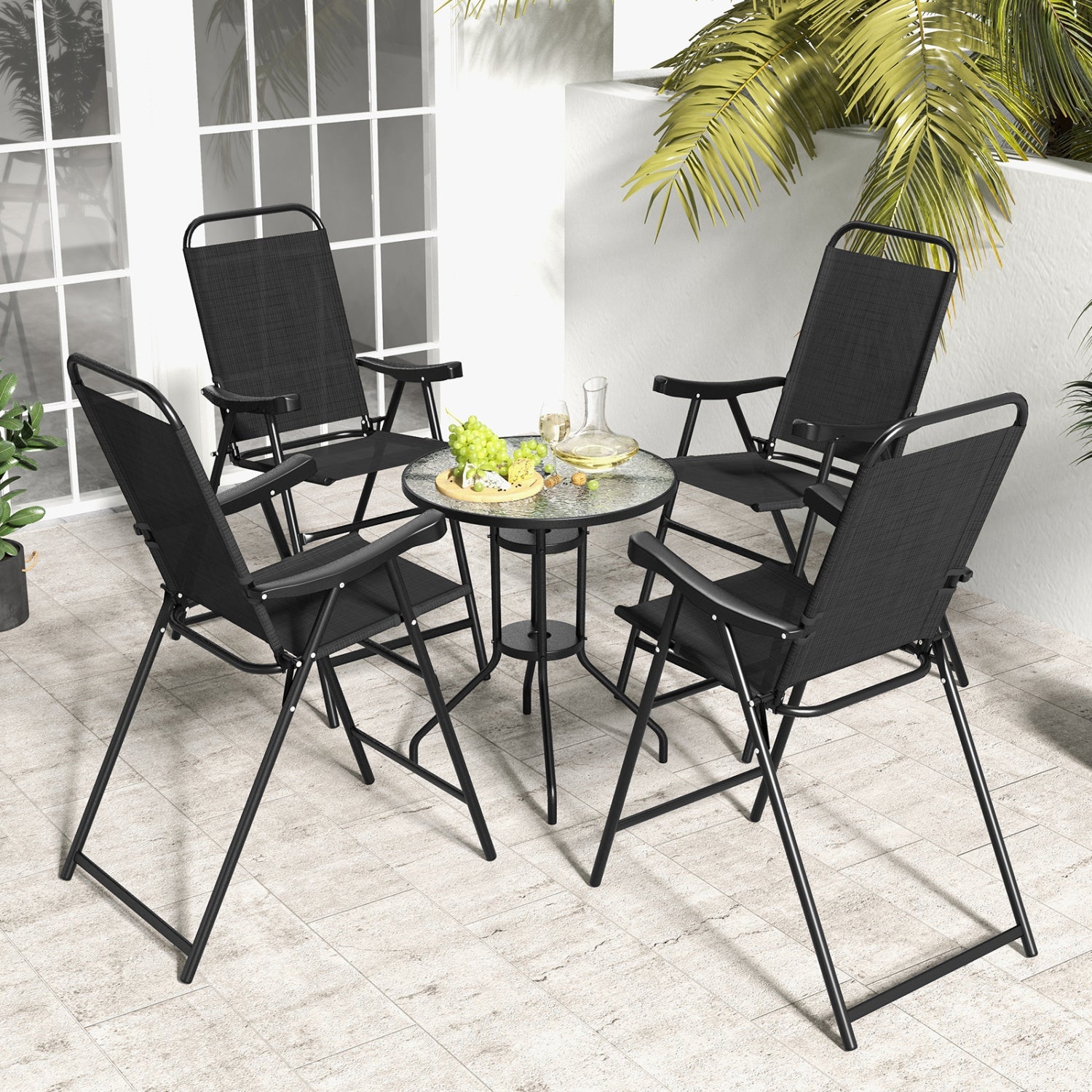 Folding patio bar stools set of 4 with black metal frame and footrests, dark mesh seats on Tampa Home & Garden Store