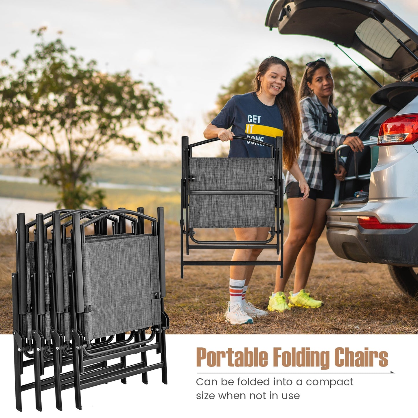 Juego de 4 sillas plegables para patio con tela de asiento cómoda y estructura de metal resistente - Gris