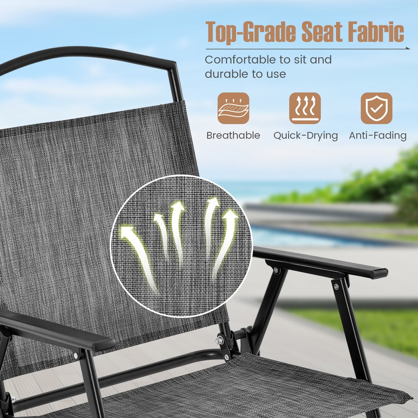 Juego de 4 sillas plegables para patio con tela de asiento cómoda y estructura de metal resistente - Gris