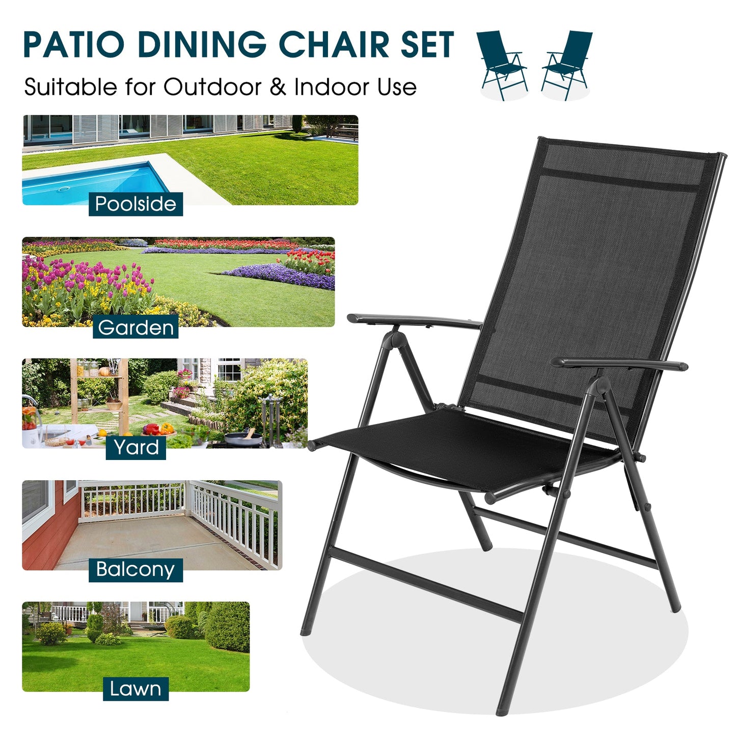 Juego de 2 sillones reclinables plegables ajustables para patio - Negro