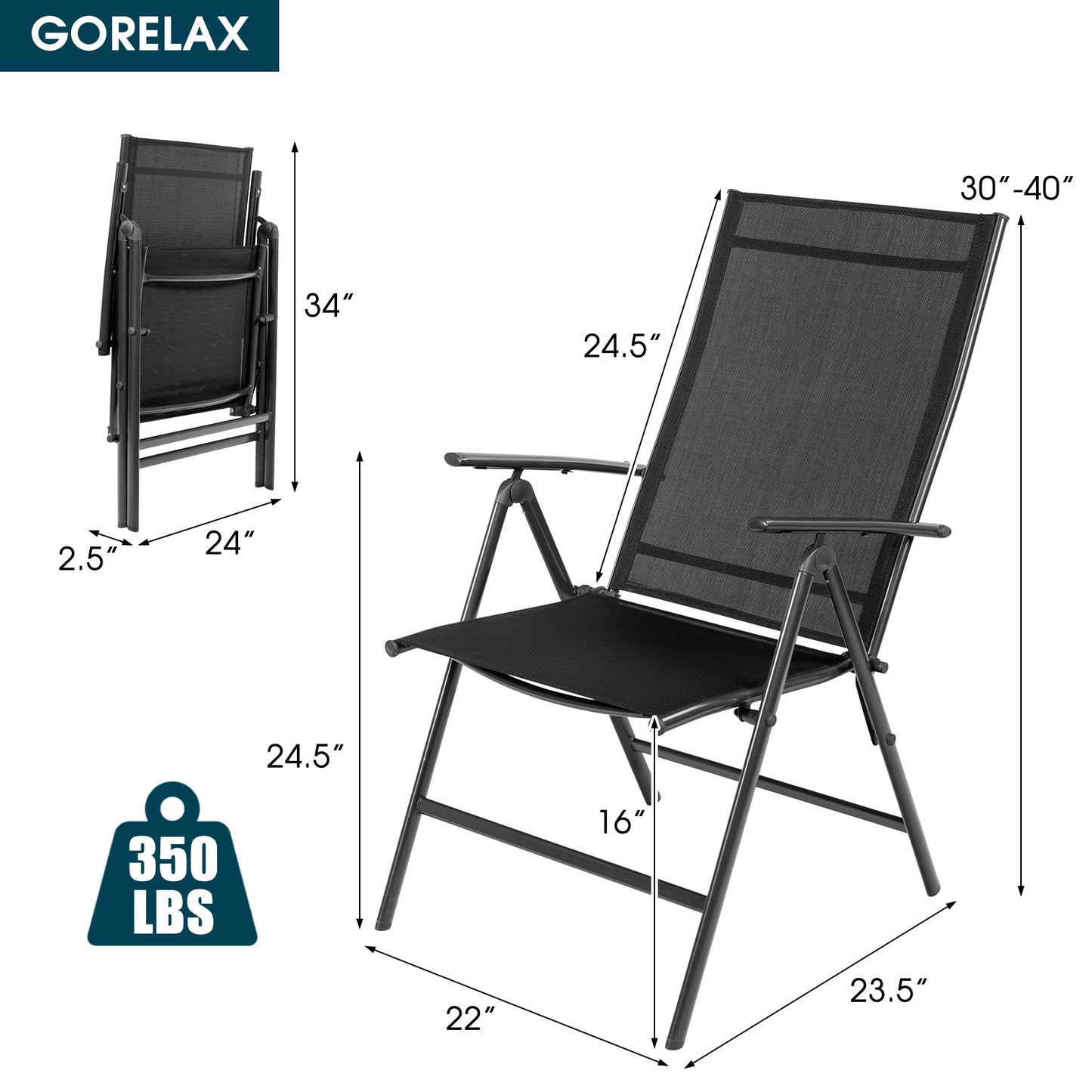 Juego de 2 sillones reclinables plegables ajustables para patio - Negro