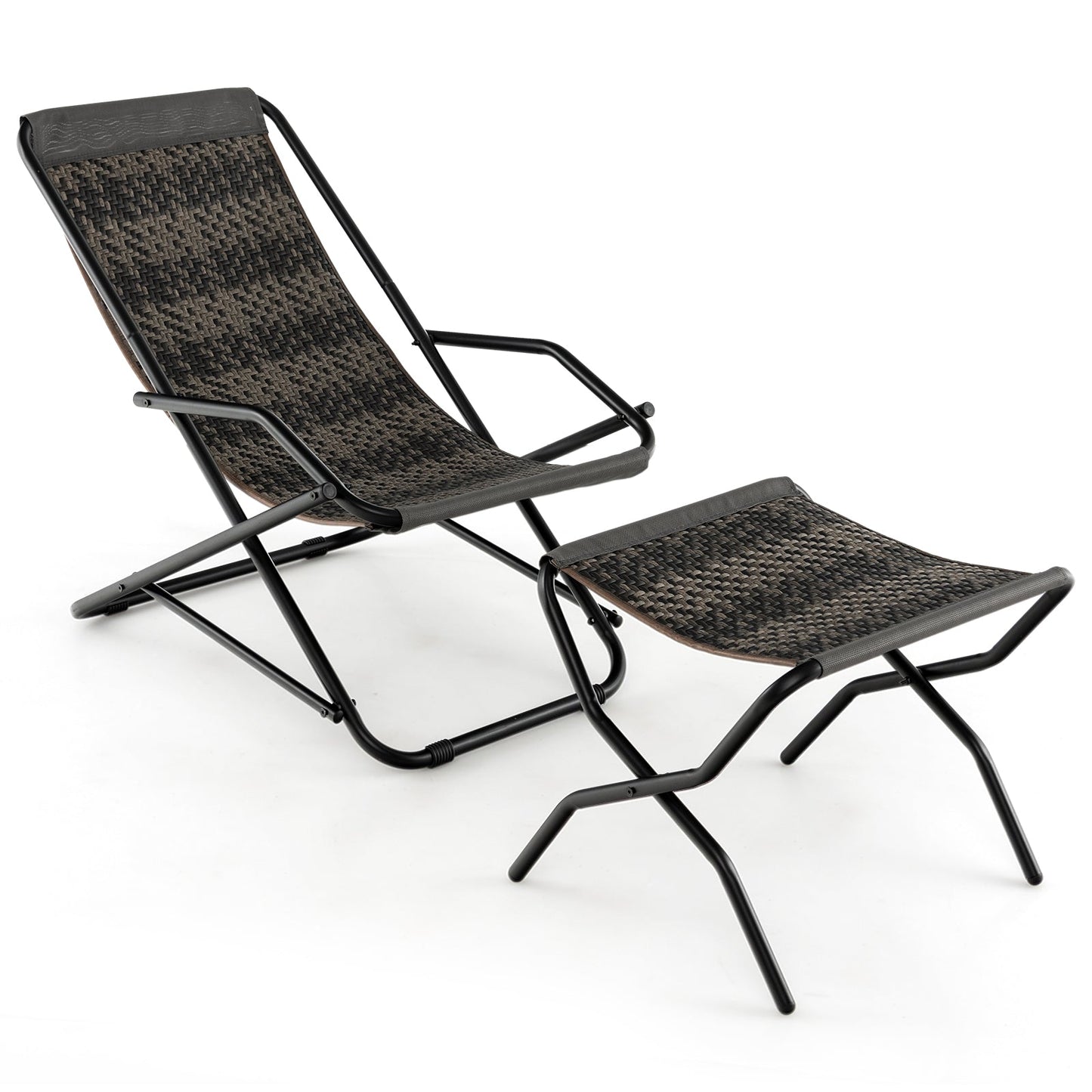 Mecedora de patio de mimbre PE con reposabrazos y estructura de metal-Gris