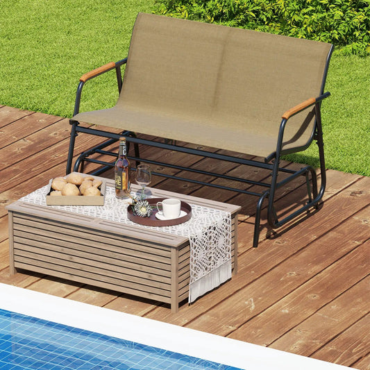 Patio glider bench for 2 with curved teak arms and breathable brown fabric seat by DirectDeals on Tampa Home & Garden Store