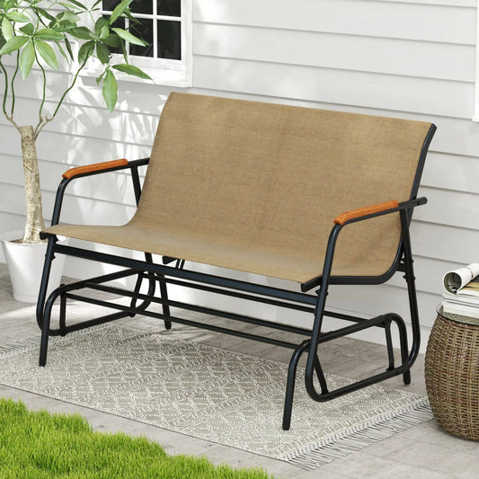 Patio glider bench DirectDeals curved teak armrests breathable fabric seat for 2 on Tampa Home & Garden Store