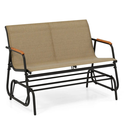 Patio glider bench with curved teak arms and breathable fabric for 2 people brown DirectDeals on Tampa Home & Garden Store