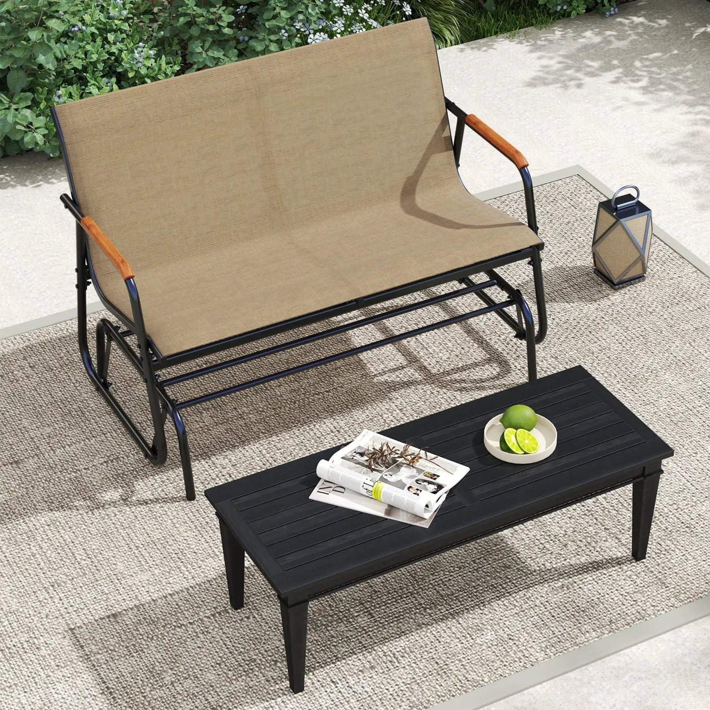 Patio Glider Bench with Teak Armrests Breathable