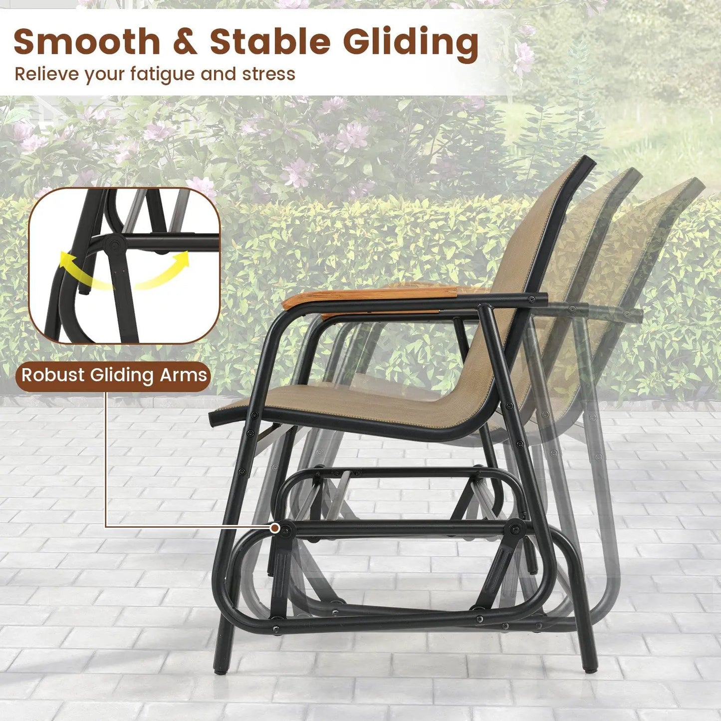 Patio Glider Bench with Teak Armrests Breathable
