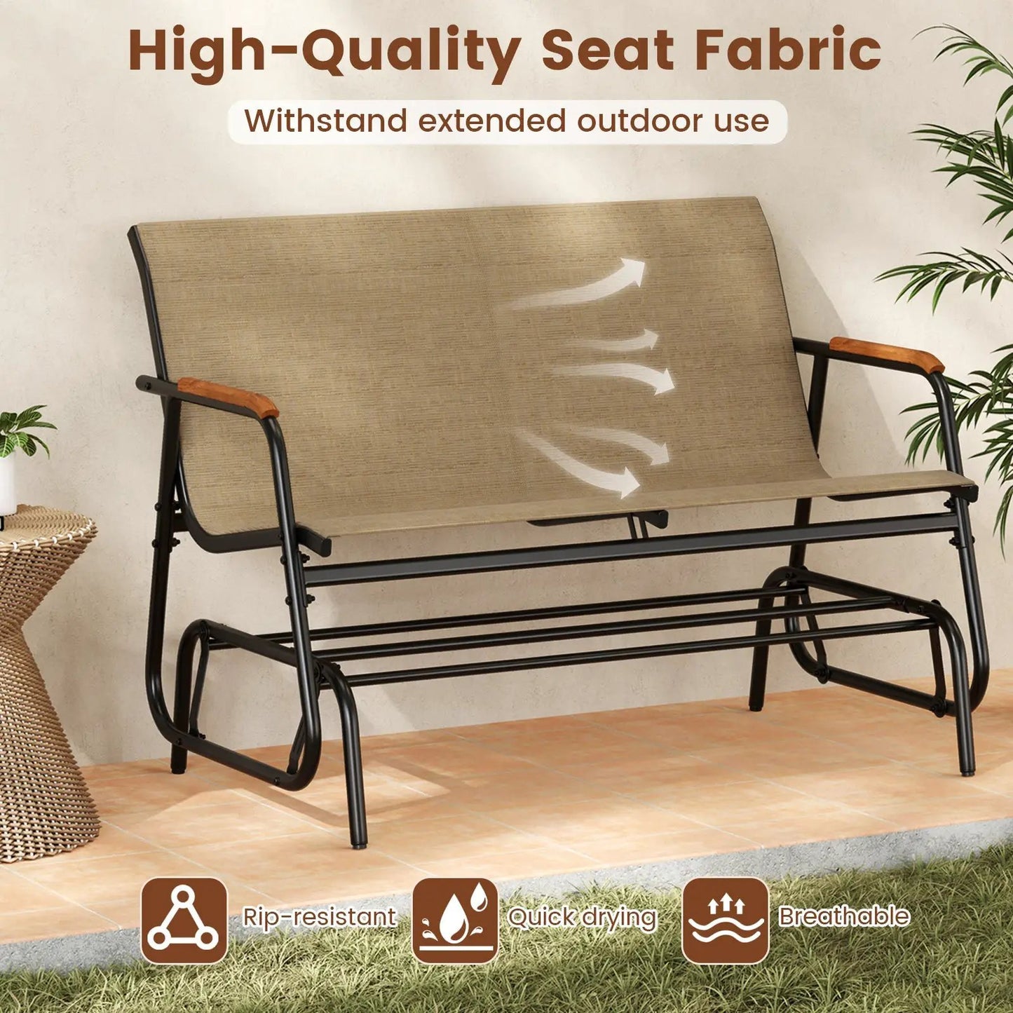 Patio Glider Bench with Teak Armrests Breathable