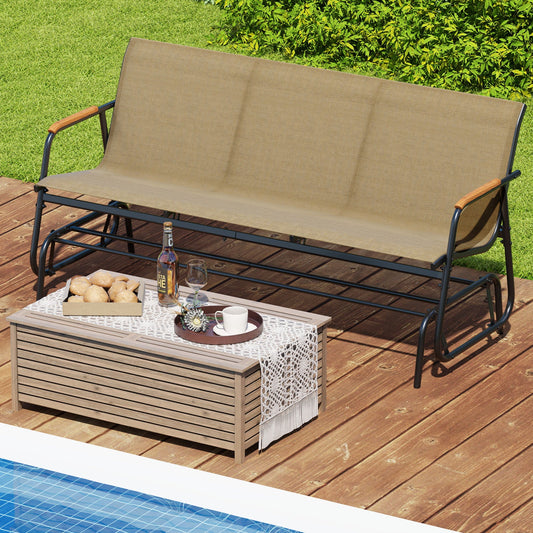 Patio Glider Bench with Curved Teak Armrests and Breathable Fabric Seat for 3 People-Brown - Tampa Home & Garden Store
