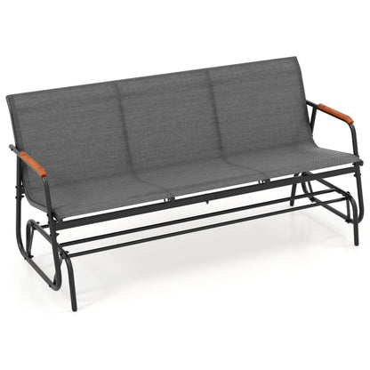 Patio Glider Bench with Curved Teak Armrests and Breathable Fabric Seat for 3 People-Brown