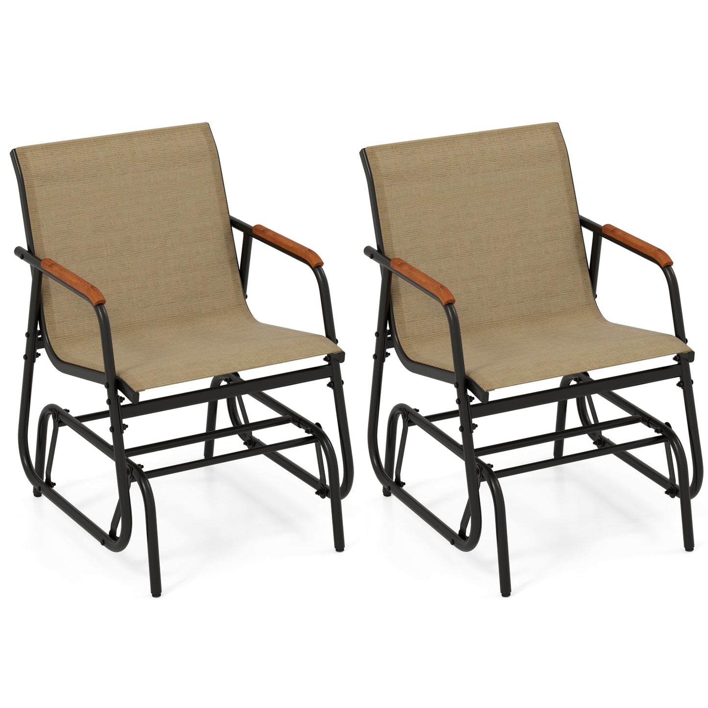 Juego de 2 sillas deslizantes para patio con reposabrazos curvos de teca y asiento de tela transpirable - Marrón