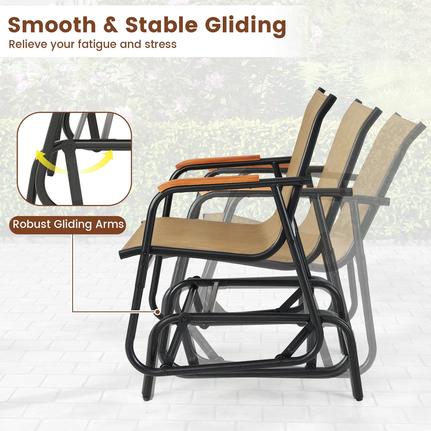 Juego de 2 sillas deslizantes para patio con reposabrazos curvos de teca y asiento de tela transpirable - Marrón