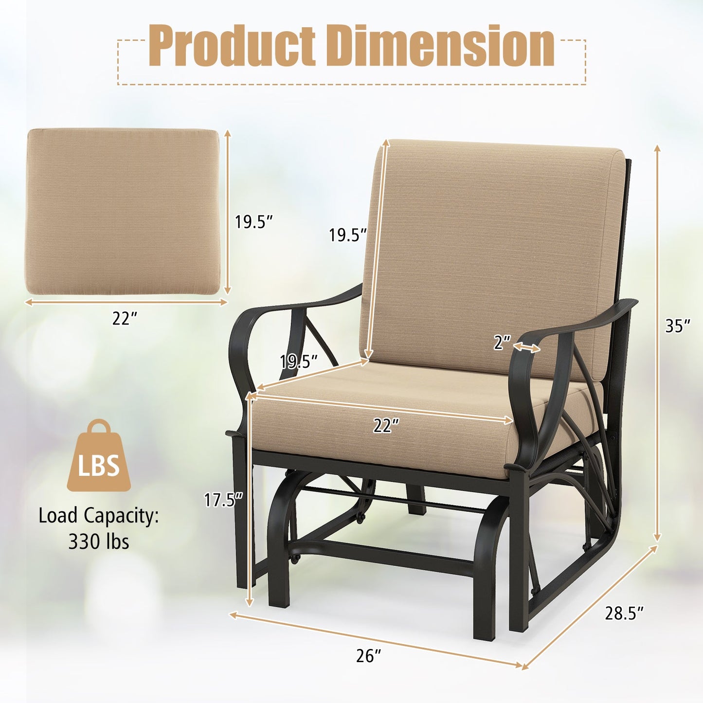 Mecedora planeadora para patio con cojín grueso y reposabrazos curvo - Color canela