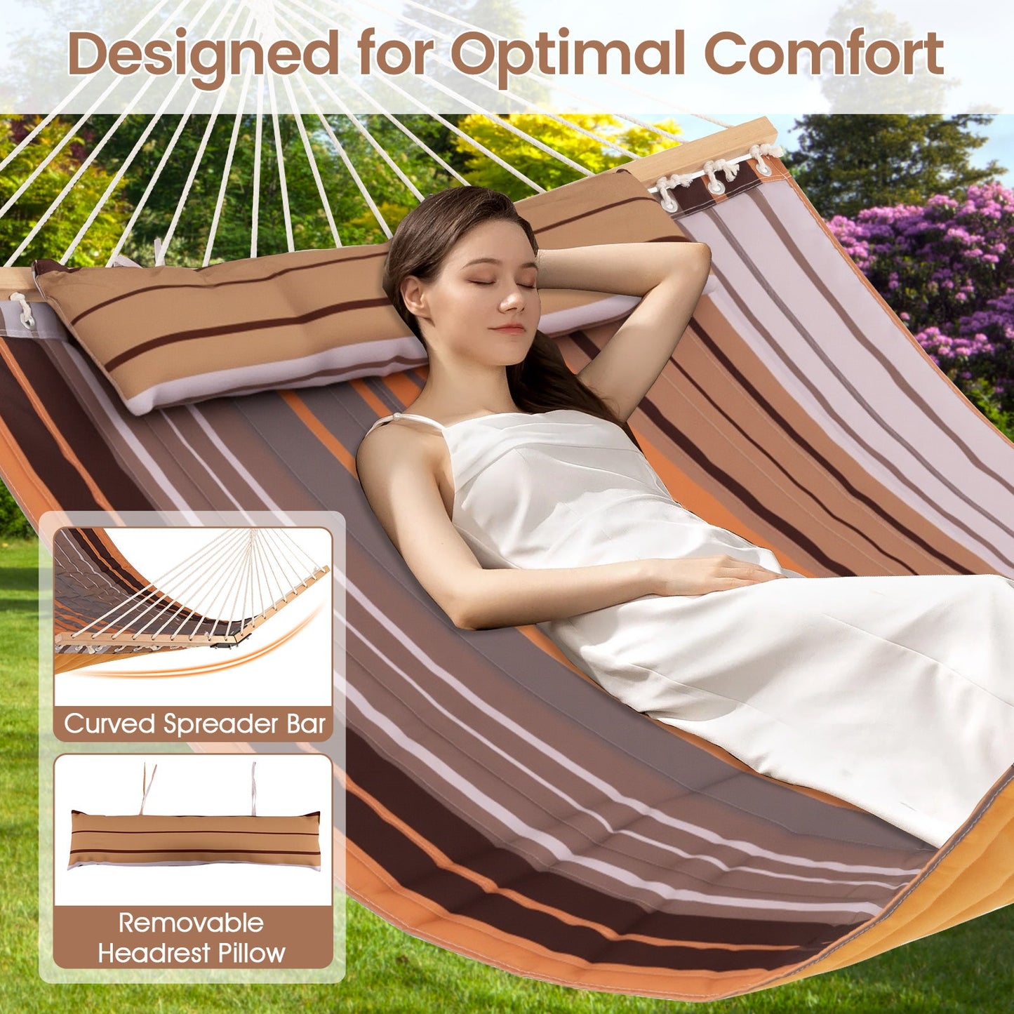 Patio Hammock Foldable Swing Chair Bed with Detachable Pillow-Brown