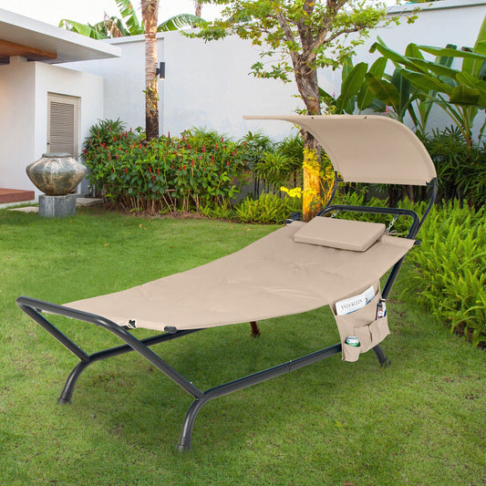 Patio Hanging Chaise Lounge Chair with Canopy Cushion Pillow and Storage Bag-Beige - Tampa Home & Garden Store