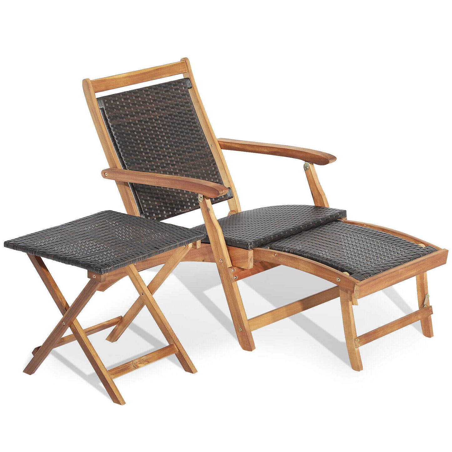 2 tumbonas plegables de ratán para patio con mesa de madera de acacia