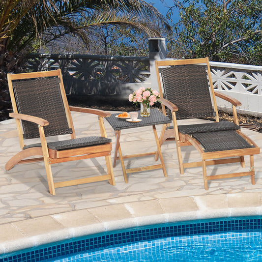 2 Pieces Patio Rattan Folding Lounge Chair with Acacia Wood Table - Tampa Home & Garden Store