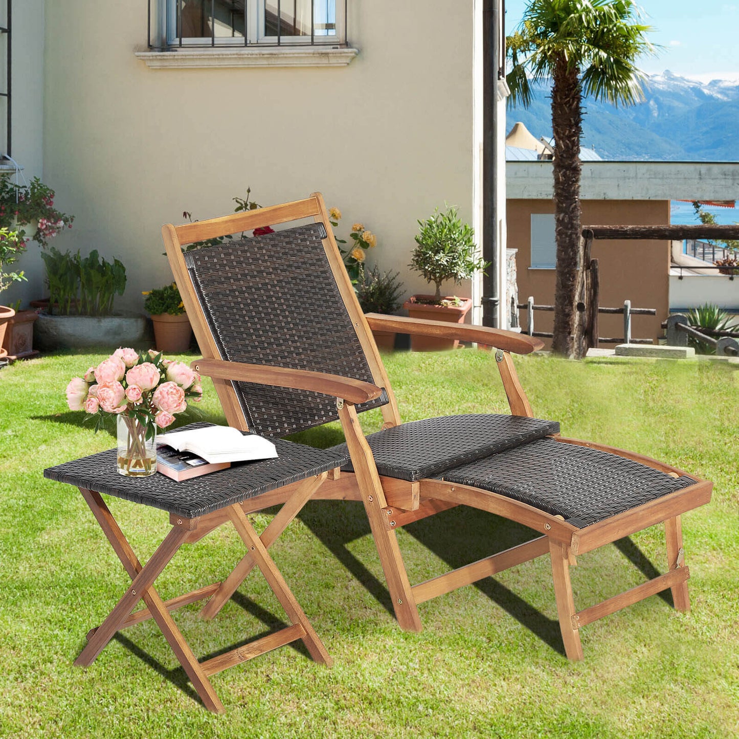 2 tumbonas plegables de ratán para patio con mesa de madera de acacia